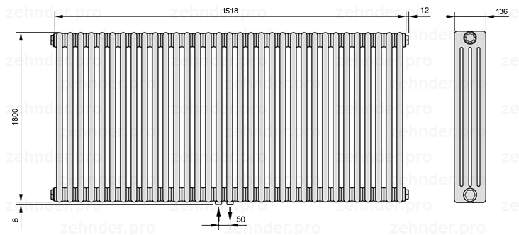 Схема (чертеж) Радиатор Zehnder Charleston 4180/33 №3470 Белый глянцевый RAL 9016